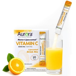 Aurora Nutrascience Nano-Pack Lipozomálny vitamín C prášok Nápoj Mix, Imunitná podpora, vysoká sila 3,000 mg na obsluhu, 30 samostatných servných paketov, oranžová