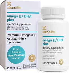 Xtendlife Omega 3 DHA Plus rybí olej na srdce, mozog, zdravie očí a kože - 1100 mg Omega-3 s DHA, EPA, lykopén a astaxantín - 1 mesiac Zásobovanie (60 Počet)