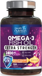 Omega 3 Rybí olej 2400 mg - Trojitá sila Omega3, EPA a DHA Mastné kyseliny Doplnkové - Prírodná podpora imunitného, srdcového a mozgového zdravia - Wild Caught, Non-GMO, citrónová aróma, Burpless - 120 Softgels