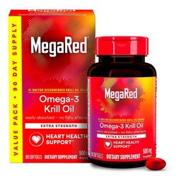 MegaRed Antarktída Krill Oil 500mg Omega 3 Mastné kyseliny Supplement, Extra Strength EPA & DHA Krill Oil Softgels (90cnt Box), Astaxantin, Heart Health Supplement with No Fish Oil Dochute