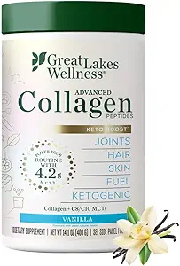 Veľké jazerá Wellness Keto Boost Advanced Collagen Peptidy Powder s 4,2g MCTs - Vanilla Ochutené - Výživne-Rich Non-Dairy Coffee Creamer alebo Smoothie Alt - Non-GMO, Kosher - 14,1 oz