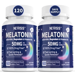 NEVISS Melatonín 50 mg pre dospelých - extra sila 9-in-1 Rýchle rozpustenie Sublingválne - vysoká dávka s horčíkom Glycinátom, vitamín D3, ashwagandha, citrónový balm, harmanček, bez cukru,Vegan 120 tabliet