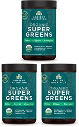 Ancient Nutrition Super Greens Powder, Organic Superfood Powder with Probiotics Made with Spirulina, Chlorella, Matcha, and Digestive Enzymes, 25 Servings, 7.05oz (Pack of 3)