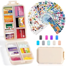 14 Grids Travel pilulky Organizátor Box s 415-Pcs Názov lieku Etikety - Pocket Daily Pharmacy Case Kontajnerová súprava - Travel Mediciation Holder Dispenser for Fish Oil Vitamín Supplement Storage - Khaki
