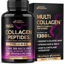 Multicollagen Peptidy - Hydrolyzované typy I, II, III, V & X - Collagen Supplement for Women 1300mg - w/ Hyalurónová kyselina, Vitamíny C & E - Koža, vlasy, nechty a spoločná podpora - Vyrobené v USA, 120 Kapsule