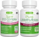Super B12-Complex 1000mcg + Pure Folát 400mcg Vegan Bundle, Vysoká absorpcia Sublingválny vitamín B12 s metylkobalamínom, adenozylkobalamínom a hydroxokobalamínom + Optimizovaný L-metylfolát, Igennus