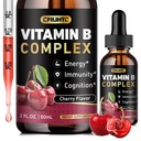 Vitamín B komplex tekuté kvapky, B vitamíny komplex doplnok s B1, B2, B3, B5 B6, B7, B9 a metyl B12 kvapky pre dospelých a deti, Vegan, Cherry chuť