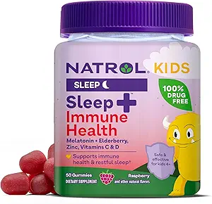 Natrol Kids Sleep+ Immune Health Gumies with Melatonin, Zinok, Vitamín C a D, Elderberry, 50 Malinová Ochutená Melatonin a Immune Health Gumies, 50 Day Supply