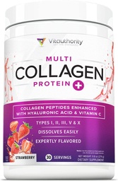 Powder Multi Collagen Peptidy pre ženy - Hydrolyzovaný Ochutený kolagén Prášok pre ženy s typmi I II III V & X Vitamín C a kyselina hyalurónová pre vlasy kože a nechty (jahôd) - 30 Slúži