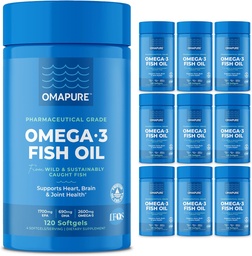 OMAPURE Wild Caught Omega-3 Doplnky s vysokým EPA & DHA (10 fľaše, 120 Softgels) - Bezhrdzavejúca formula podporuje srdce a spoločné zdravie, podporuje funkciu mozgu