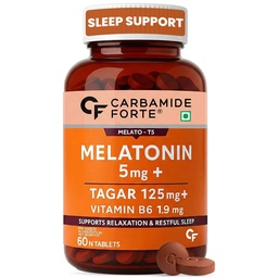 Carbamide Forte Melatonin 5mg Sleep Tablets – Sleeping Pills with 125mg Tagar & Vitamin B6 for Deep Sleep, Restful Nights, and Effective Sleep Dose | for Women & Men – 60 Veg Tablets