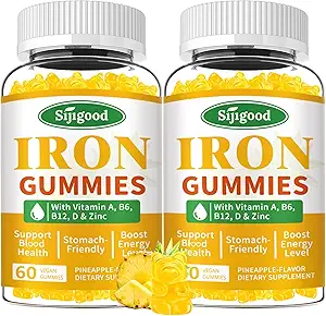 2 balenie Železo Gummy pre ženy a mužov - Vegánske železo doplnok pre anémiu a nedostatok železa, s vitamínom B12, vitamín C, zinok, folát - energetická boost, bez cukru, ananásová aróma, 120 Počet