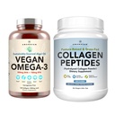 Zdravá koža a kĺby Bundle - Premium Vegan Omega-3 (120 Kapsule) od Marine Algae + Grass-Fed Collagen Peptidy Powder (1kg - 100 Servings) Non-GMO. Radiantská koža, kĺby, kosti a pôvabné starnutie