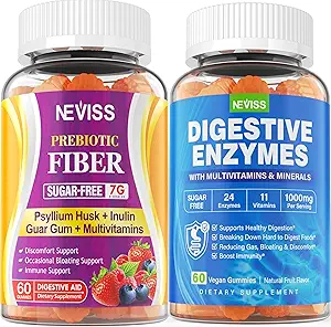 NEVISS Psyllium Husk Prebiotické Fiber Gummy - 7G Fiber s 2000mg Prebiotické Fiber Blend & Multivitamíny - Inulin, Fos, Guar Gum & Multi Digestive Enzymes Vitamín Gummy Žuvacie