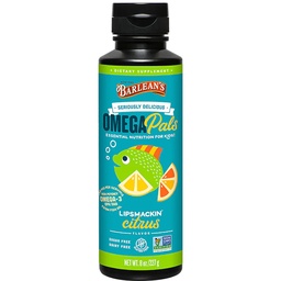 Barlean's Omega Pals Lipsmackin' Citrus Ochutený Omega-3 pre deti, Yummy detský tekutý rybí olej doplnok s 750 mg EPA & DHA pre zdravie mozgu a očí, 8 oz