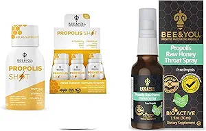 BEE a vy Bundle: Propolis Shot s vitamínom C, D3 a zinok s Propolis Raw Honey Throat Spray, Ultra Pure, 100% Natural, Immune Support, Superfood