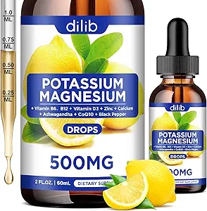 Dusičnan draselný Supplement, Tekutý horčík Drops 500mg s Ashwagandha, vápnik, zinok, vitamín D3, B6, B12, CoQ10 - Vegan 2 fl oz Ananás Flavor