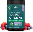 Staroveká výživa Supergreens Powder s probiotikami, Organic Berry Flavor Greens, vyrobené z reálneho ovocia, Zelenina a bylinky, trávenie a energetická podpora, 25 Servisov, 6.7oz