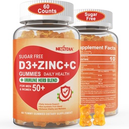 Bezcukrové vitamíny C + D3 + zinkové guličky pre dospelých 50 +, 9 v 1 doplnok imunitnej obrany s D3 5000IU, bazy, echinacea, Mullein Leaf for Boost Imunity, Power Antioxidant, Vegan (Pack of 1)