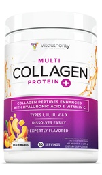 Powder Multi Collagen Peptidy pre ženy - Hydrolyzovaný Ochutený kolagén Prášok pre ženy s typmi I II III V & X Vitamín C a kyselina hyalurónová pre vlasy kože a nechtov (Peach Mango) - 30 Slúži