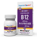 Superior Zdroj Nie Shot Vitamín B-12 Kyanokobalamín 1000 μg, B-6, Kyselina listová 400 μg - Podpora Zdravie mozgu a srdca - Aids Hladiny prírodnej energie - 100 Sublingválne Dissolvačné tablety
