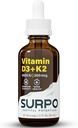 Vitamín D3 + K2 Tekuté kvapky s Omega 3 olej - 5000 IU vitamín D kvapky K2 pre Hormón Podpora a zdravie kostí - Tekutý vitamín D3 s K2 kvapky pre maximálnu absorpciu - 2Fl Oz Vitamín K2 D3