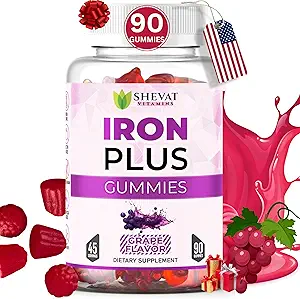 Vyrobené v USA 90 Železo Gummy pre ženy Anémia - Vegan, Gluten Free & Immune Suplement Iron Gummies (Grape) - Žuvacie žehličky pre mužov - Detské žehličky pre deti s vitamínom C, A a zinok