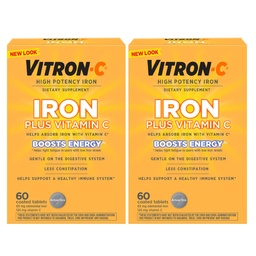 Vitron- C Železo Supplement, Once Daily, High Potency Železo Plus Vitamín C, Podpora výroby červených krviniek, Farbené bez tabliet, 60 Počet, 2 Balenie