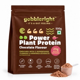GOBBLERIGHT Plant Protein Powder Chocolate (500g)-28.5g Protein & 4.91g BCAA Per Serve|Isolate & Concentrate Pea Rice Powder with Turmeric & Moringa Extracts|No Added Sugar|Gut Friendly