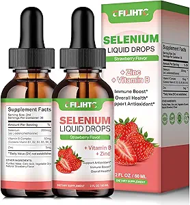 Selén kvapaliny kvapky - 200mcg Tekuté selén doplnok s vitamínom B komplexu a zinku - Podpora imunitného systému, Antioxidant a zdravie srdca, vysoká absorpcia - Jahodová aróma, 2 Fl Oz