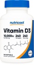 Nutricost Vitamín D3 10 000 IU, 240 Softgel kapsuly - Silný, Non-GMO, Gluten bez obsahu vitamínu D