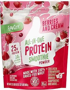 FlavCity Grass Fed Whey Protein Powder - Bobule & Cream - 25g Bielkoviny & 10g Kolagén - Vyrobené s organickými jahodami a kokosovým mliekom - bez lepku a bez pridaných cukrov (20 porcií)