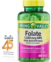 Folát 1,333 mcg. Jarné údolie Folate Diétny doplnok, 1,333 mcg DFE, 400 Gróf, Folate Supplement for Women Gravidita, Kyselina listová 800 Bundle s Luall 45 Diabetes Dekódované