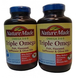 Nature Made Triple Omega 3 6 9 - Ryby, ľanové semená, požltové a olivové oleje - 2 fľaše, 180 softgels Each