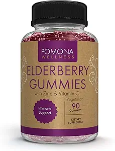 Pomona Wellness Elderberry Gummies s zinkom a vitamínom C pre imunitnú podporu 3-1 Žuvateľný čierny bazový Gummy doplnok pre deti a dospelých, Vegan, 90 Gummies