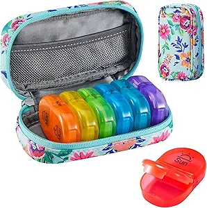 Serfeymi Travel Pill Organizátor 2 Časy A deň AM Upgrade Rainbow Pill Box 7 Deň s prenosným Zipper PU kožené Pill prípad, Medicína Organizátor pre pilulky, Vitamíny, Rybie oleje - Green-01