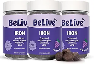 BeLive Železo Gumies - Multivitamínové Železo Supplement s vitamínom C, A, B a zinok, podporuje krvný kyslík, Vegánske doplnky pre ženy, Muži a deti pre rast a vývoj - Hroznová aróma 3-Pack