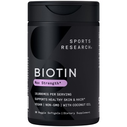 Športový výskum® Biotin 10 000 mcg s organickým kokosovým olejom - biotín (vitamín B7) pre zdravú pokožku a podporu vlasov* - pre ženy a mužov - Vegan, non-GMO, lepidlo a sóju - 30 Veggie Softgels
