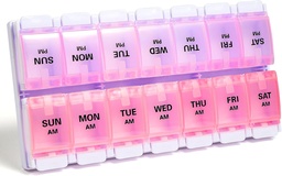 Sukuos AM Týždenná pilulka Usporiadateľ 7 dní, 2 krát Denná medicína Pill Box s jednoduchým tlačným tlačidlom, BPA Bez vitamínové púzdra pre rybí olej / Doplnky, ľahko sa čistí (Purple & Pink)