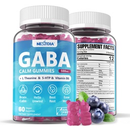 GABA Gummies 500 mg - Bezcukrové upokojujúce Gummy s L Theanine, 5-HTP, vitamíny D3, B12, Ashwagandha, Melatonin-Free pre pokoj mozgu, Mood, Zzz Better, GABA Supplement for Adult, Blueberry Flavor, 1Pack