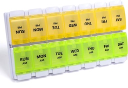 Sukuos AM Týždenná pilulka Usporiadateľ 7 dní, 2 krát Denná medicína Pill Box s jednoduchým tlačným tlačidlom, BPA Bez vitamínové púzdra pre rybí olej / Doplnky, ľahko čistiť (žltá & zelená)