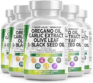 Čistá Nutraceuticals Oregano olej cesnak extrakt Olive Leaf Black Seed olej- imunita podpora a trávenie zdravie doplnok pre ženy a mužov s vitamín D3 a zinok - 5Pack