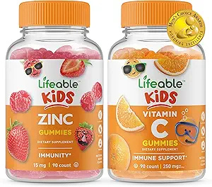 Životaschopný zinok Deti + vitamín C Deti, Gummies Bundle - veľké ochutnávky, vitamínové doplnky, bez lepku, bez GMO, Žuvacia Gummy