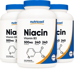 Nutricost Niacin (vitamín B3) 500 mg, 240 kapsúl (3 fľaše) - Niacin Flush