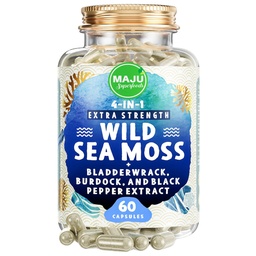 MAJU 4-in-1 Organic Sea Moss Capsules, Wild Chondrus Crispus, Seamos w/Bladderwrack + Burdock Root, Silnejší ako gél, Ír, Sebi Inspired Raw Powder in Pills, 500 mg Kapsula (60 ct)