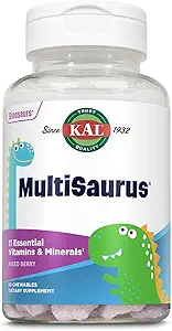 KAL MultiSaurus Kids Žuvacie multivitamíny, 11 Esenciálne vitamíny a minerály pre deti, zmiešané Berry chuť, lepidlo a konzervačné zadarmo, 60 Servírovanie, 60 Dinosaur-Shaped Chewables