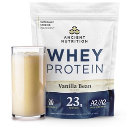 Staroveká výživa Tráva Fed Srvátkový proteín, 23g Bielkoviny, hydrolyzované kolagénové peptidy, organický regeneratívny A2/A2 mliečny proteín (35 porcií, Vanilla Bean)