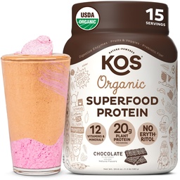 KOS Plant Based Protein Powder, Chocolate USDA Organic - Low Carb Pea Protein Blend, Vegan Superfood with Vitamins & Minerals - Keto, Soy, Dairy Free - Replacement for Women & Men - 15 Servings