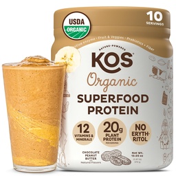 KOS Vegan Protein Powder, Chocolate Arašidové maslo - Low Carb Pea Protein Blend, USDA Organic Superfood with Vitamins & Minerals - Keto, Soy, Dairy Free - Replacement for Women & Men - 10 Servings