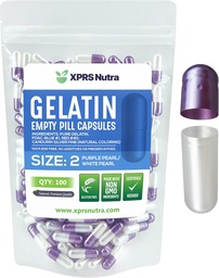 XPRS Nutra Veľkosť 2 prázdne kapsule - 100 Počet prázdnych želatíny Kapsule - Pilulky DIY Kapsule plnenie - Pure Bovine Pill Gel Caps pre Do-It-Tvoje vlastné doplnky (Pearl Purple/White)